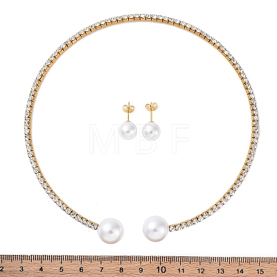 Round Plastic Imitation Pearl Stud Earrings & Rhinestone Cuff Choker Necklaces Sets SJEW-U003-04G-1