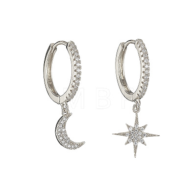 Clear Cubic Zirconia Star & Moon Asymmetrical Earrings MOST-PW0001-064P-1