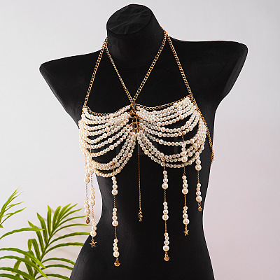 Alloy Sea Horse Imitation Pearl Round Beaded Layered Tassel Body Chest Chains WGA0E03-01-1