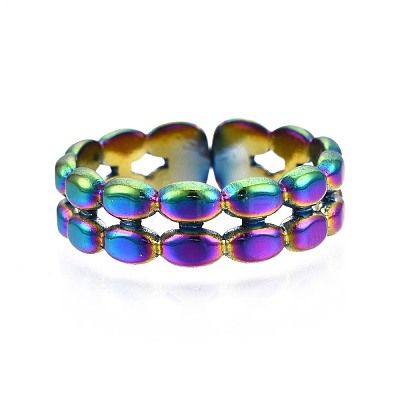 304 Stainless Steel Oval Beaded Cuff Ring RJEW-N038-080-1