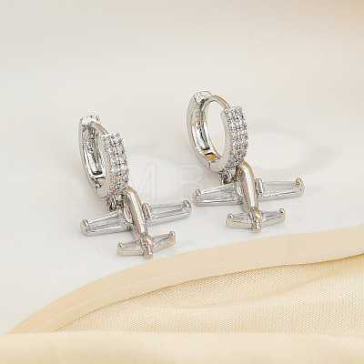 Brass Clear Cubic Zirconia Airplane Hoop Earrings HG3511-2-1