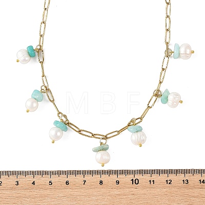 Natural Amazonite Chip and Pearl Tassel 304 Stainless Steel Paperclip Chain Necklaces for Women NJEW-JN06528-03-1