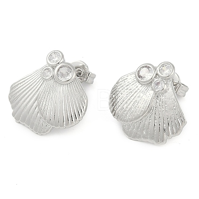 Rack Plating Shell Shape Brass Pave Clear Cubic Zirconia Stud Earrings for Women EJEW-Z059-07P-1