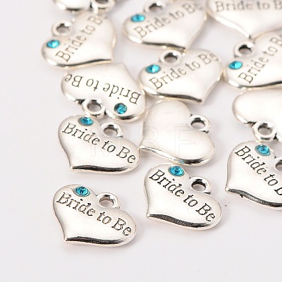 Wedding Theme Antique Silver Tone Tibetan Style Heart with Bride to Be Rhinestone Charms TIBEP-N005-10C-1