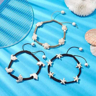 3Pcs 3 Styles Synthetic Turquoise Braided Bead Anklets AJEW-AN00581-1