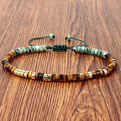 Natural African Turquoise(Jasper) and Tiger Eye Heishi Beads Adjustable Braided Bracelets for Men Women BX7041-23-1