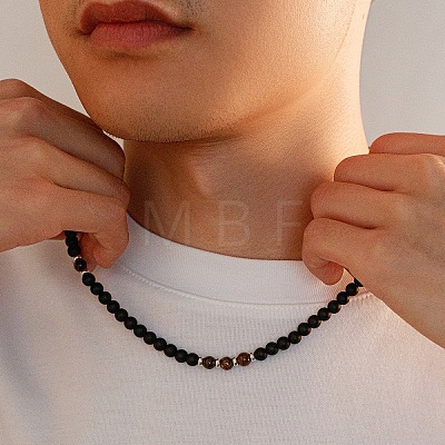 6MM Round Natural Tiger Eye and Frosted Black Stone Beaded Necklaces for Men FQ0489-1-1