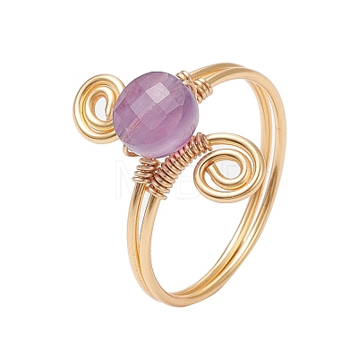 Copper Wire Wrapped Round Natural Amethyst Bead Finger Rings for Women RJEW-JR00808-01-1