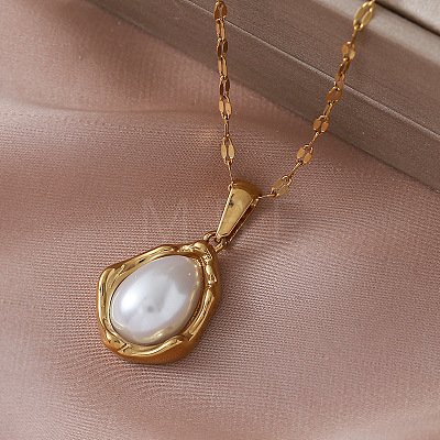 Vintage Stainless Steel & Imitation Pearl Teardrop Pendant Necklaces for Women ZZ4514-1