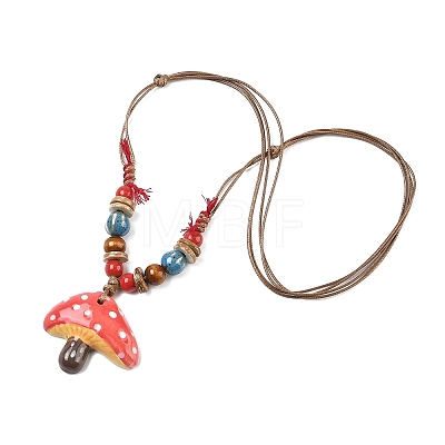 Mushroom Porcelain & Coconut Bead Pendant Necklaces NJEW-G182-01-1