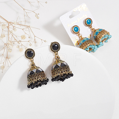 6 Pairs 6 Colors Ethnic Style 3D Enamel Bell with Seed Beeded Dangle Stud Earrings EJEW-AN0001-94-1