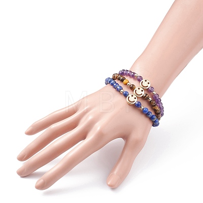 Faceted Round Natural Tiger Eye & Lapis Lazuli & Amethyst Beads Stretch Bracelets Set BJEW-JB07082-1