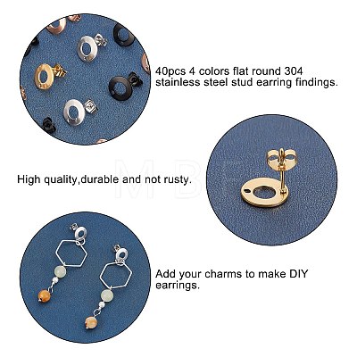   40Pcs 4 Colors Flat Round 304 Stainless Steel Stud Earring Findings STAS-PH0001-51-1