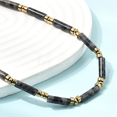 Natural Larvikite & Synthetic Non-magnetic Hematite Column Beaded Necklaces with 304 Stainless Steel End Chains NJEW-K301-01C-1