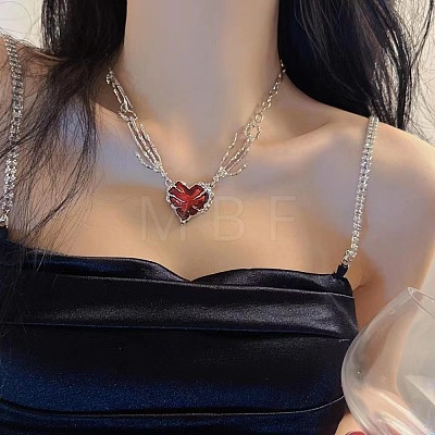 Skeleton Hand Heart Alloy Dark Red Enamel Gothic Pendant Necklaces for Women FS-WG8B830-01-1