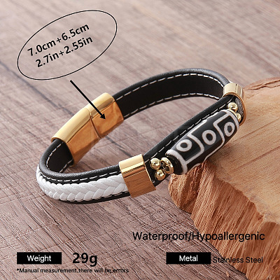 Vintage Two Tone Braided PU Leather Cord 9-Eye Tibetan Style dZi Rice Beads Bracelets UA9216-4-1