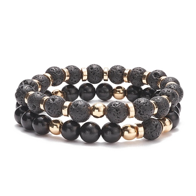 2Pcs 2 Style Natural Lava Rock & Wood & Synthetic Hematite Stretch Bracelets Set BJEW-JB08417-1