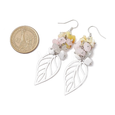 Leaf 201 Stainless Steel Natural Rose Quartz & Natural Howlite & Natural White Moonstone & Natural Yellow Opal Chip Dangle Earrings EJEW-JE06138-01-1