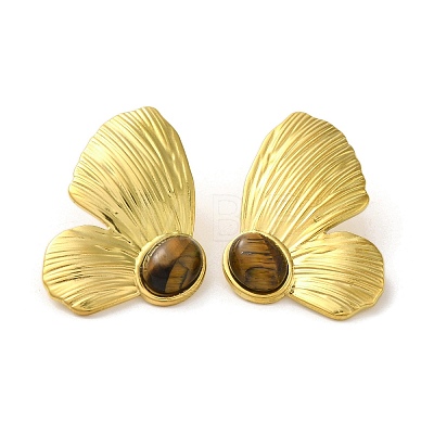 304 Stainlee Steel with Tiger Eye Bead Studs Earring EJEW-Z045-01G-1