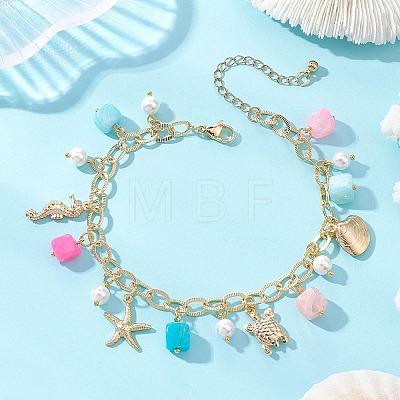 Ocean Theme Dyed Natural Agate & Glass Pearl & 304 Stainless Steel Starfish Turtle Charm Anklets for Women AJEW-AN00798-1