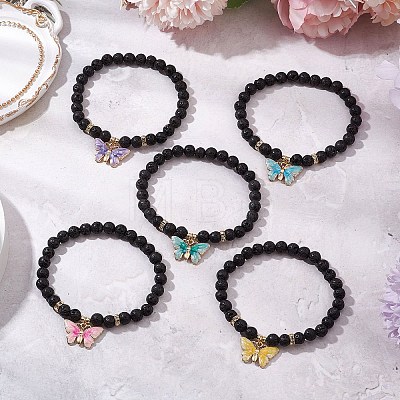 Round Natural Lava Rock Beads Stretch Bracelets for Women BJEW-JB11401-1