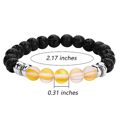 Synthetic Moonstone & Natural Lava Rock Round Beaded Stretch Bracelet BJEW-SW00060-04-1