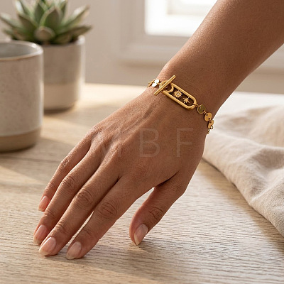 304 Stainless Steel Flat Sequin Chain Bracelets with Crystal Rhinestone with Moo Sun Star OT Clasps PL6562-1