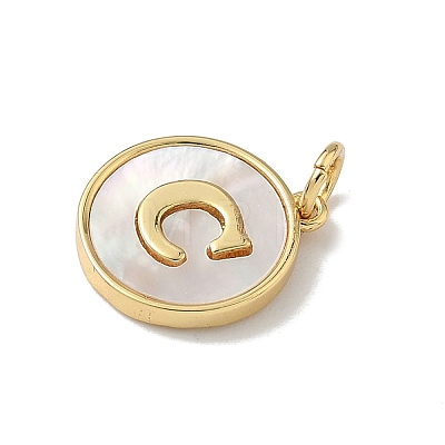 Brass Pave Natural Shell Flat Round with Letter Charms KK-Z115-13G-C-1