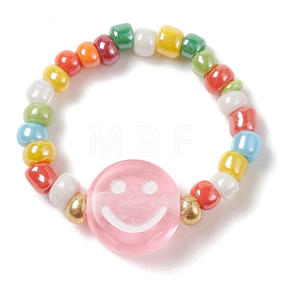 Glass Seed & Acrylic Smiling Face Beaded Stretch Ring RJEW-JR00575-1