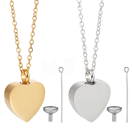 2Pcs 2 Colors Stainless Steel Heart Cinerary Casket Pendant Necklaces NJEW-CN0001-26-1