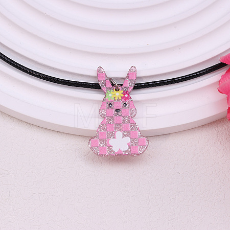Colorful Happy Easter Acrylic Plaid Pendant Black Waxed Cord Necklaces for Women FS-WGC6641-10-1