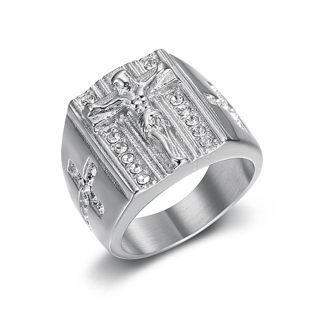 Cross with Jesus Pattern 304 Stainless Steel with Crystal Rhinestone Finger Rings for Men FS-WG78AD7-08-1