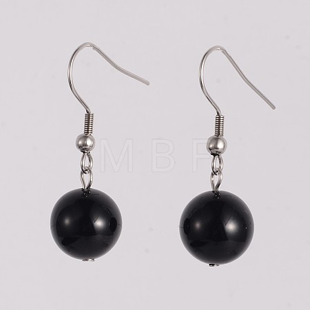 Round 304 Stainless Steel Natural Dyed & Heated Black Agate Dangle Earrings EJEW-JE01973-03-1