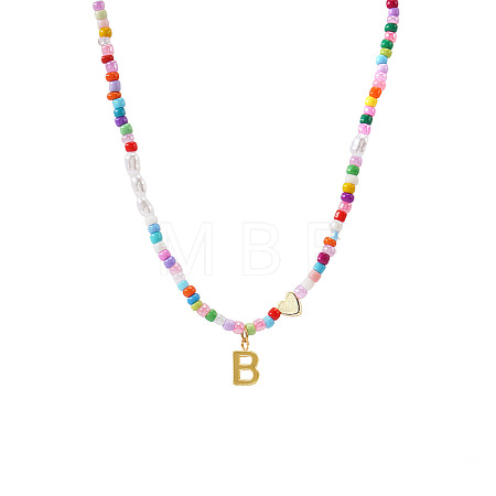 Colorful Beaded Heart Letter Necklace with Pearl Elements Stainless Steel Pendant Jewelry TR2146-2-1