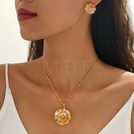 Vintage Brass Flower Stud Earrings & Pendant Necklaces Sets for Women EL3968-1