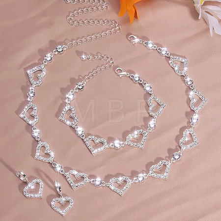 Heart Alloy Crystal Rhinestone Link Chain Necklace & Hoop Earring & Bracelets Sets FS-WG0CDC6-01-1-1