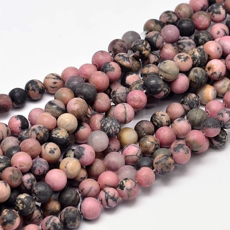 Frosted Natural Rhodonite Round Bead Strands G-F266-13-6mm-1