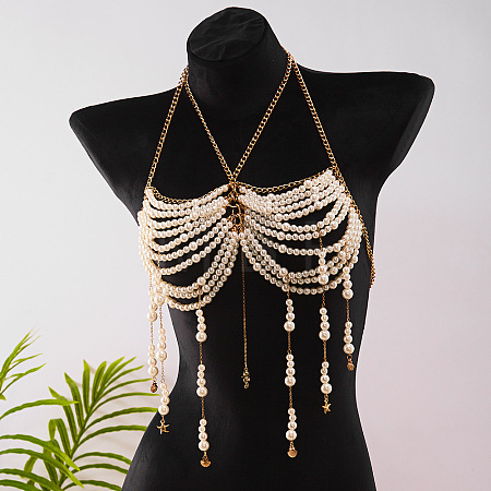 Alloy Sea Horse Imitation Pearl Round Beaded Layered Tassel Body Chest Chains WGA0E03-01-1
