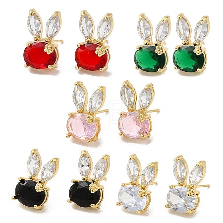 Rack Plating Real 18K Gold Plated Brass Rabbit Stud Earrings EJEW-B034-12G-1