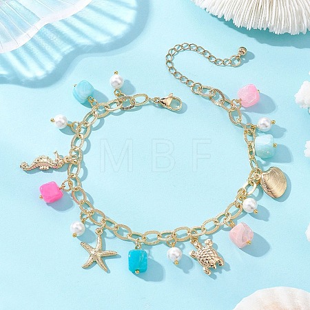 Ocean Theme Dyed Natural Agate & Glass Pearl & 304 Stainless Steel Starfish Turtle Charm Anklets for Women AJEW-AN00798-1