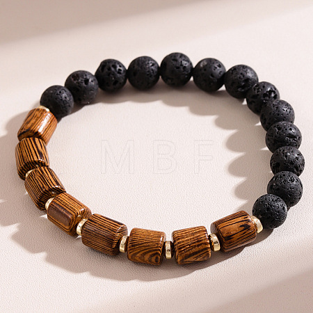 Synthetic Non-magnetic Hematite & Natural Lava Rock & Wood Beads Stretch Bracelets for Men WG9F2CA-01-1