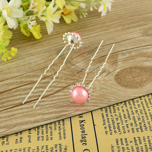 Lady's Hair Accessories Silver Color Plated Iron Rhinestone Ball Hair Forks PHAR-S192-02-1