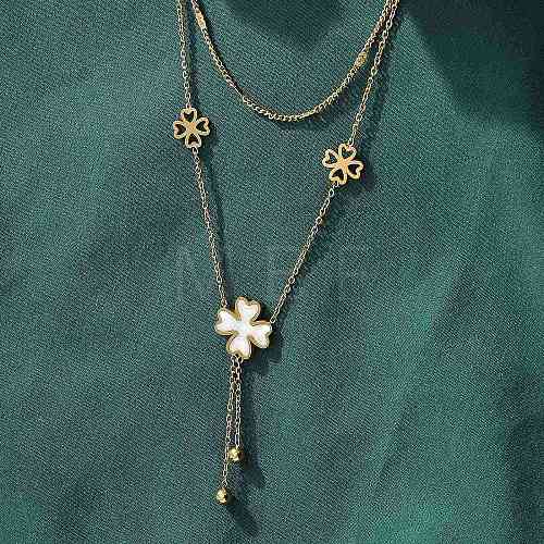 304 Stainless Steel Shell Pearl Clover Pendant Double Layered Necklaces for Women NJEW-U036-01G-1