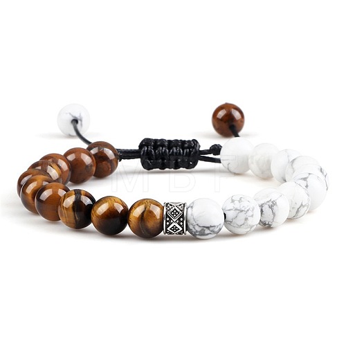 Adjustable Round Natural Howlite & Tiger Eye Braided Bead Bracelets for Women Men GP7384-2-1