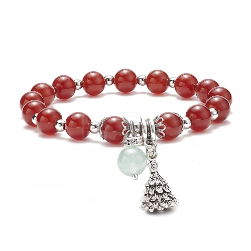 Natural Red Agate Carnelian(Dyed & Heated) & Green Aventurine Stretch Bracelet with Alloy Christmas Tree Charm BJEW-TA00124-1