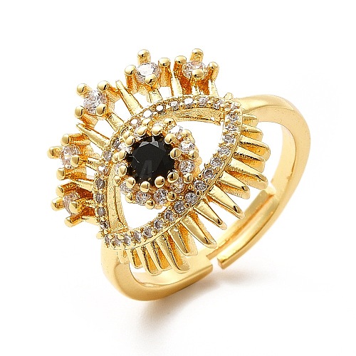 Black Glass Evil Eye Adjustable Ring with Cubic Zirconia KK-H439-34G-1