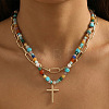 304 Stainless Steel Cross Pendant Paux Pearl & Glass & Mixed Stone Beaded Double Layer Necklaces for Women WU1738-2-3