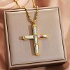 304 Stainless Steel with Natural Shoushan Stone Religion Cross Pendant Necklaces FS-WG3F108-01-1