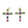 Rack Plating Cross Brass Micro Pave Cubic Zirconia Stud Earrings EJEW-H143-19G-4