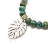 Natural Australian Turquoise(Jasper) Round Beaded Stretch Bracelet with Leaf Charm BJEW-JB07587-02-4